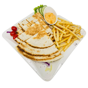 Lebanese Bread stuffed With minced lamb and pomegranate Sauce served with yogurt, with fries.